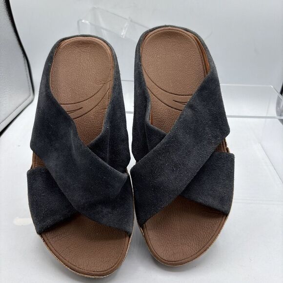 FitFlop Kys Slide Sandals Blue Suede Leather Women 6 Cross Strap Cork Footbed - Picture 3 of 10